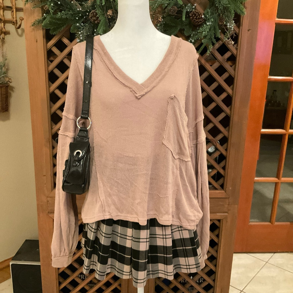 NWT POL Mauve Thermal Waffle Oversized Knit Balloon Sleeve Raw Hem Womens Large